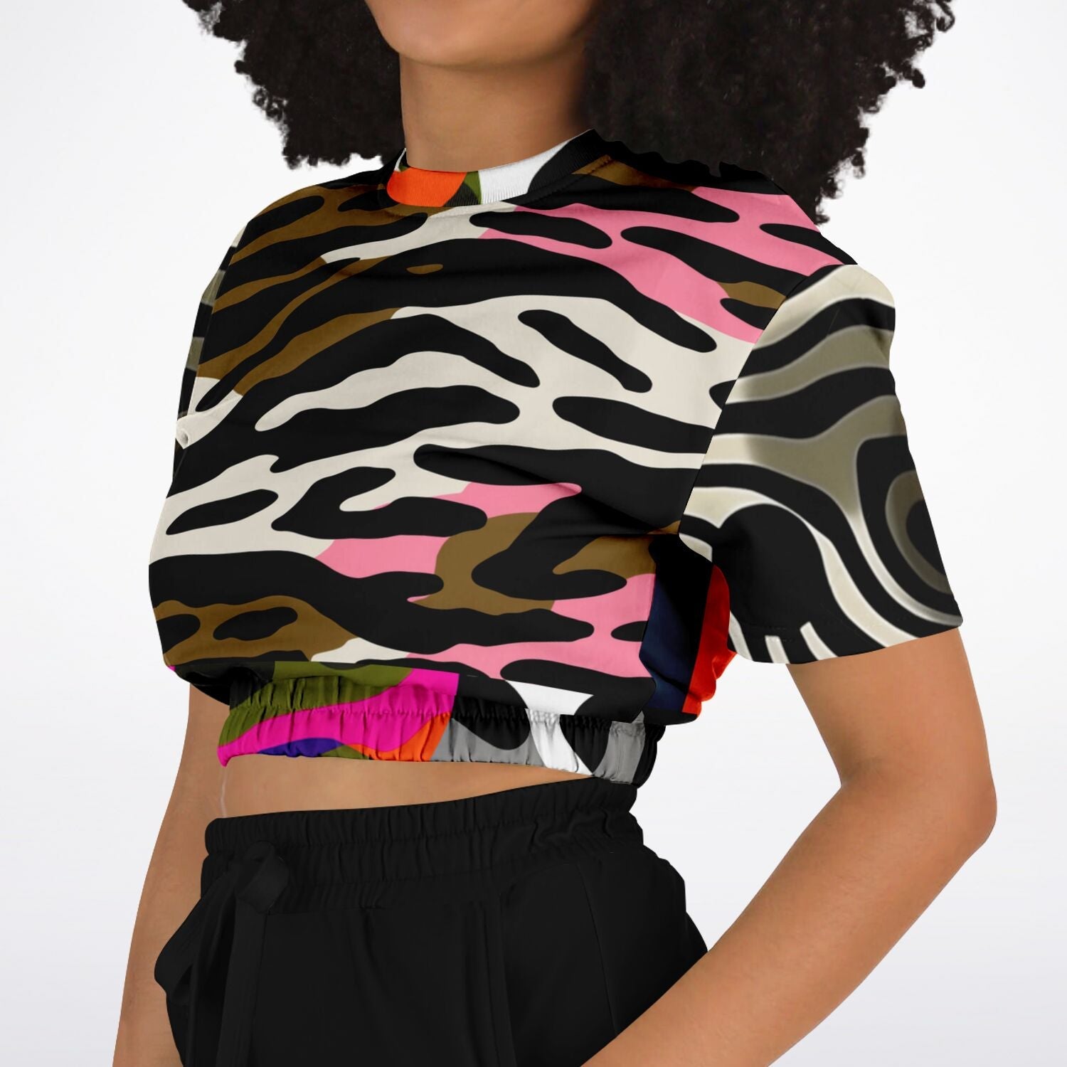 Wowzer Zowzer Animal Print Patchwork Eco-Poly Cropped Short Sleeve Pullover