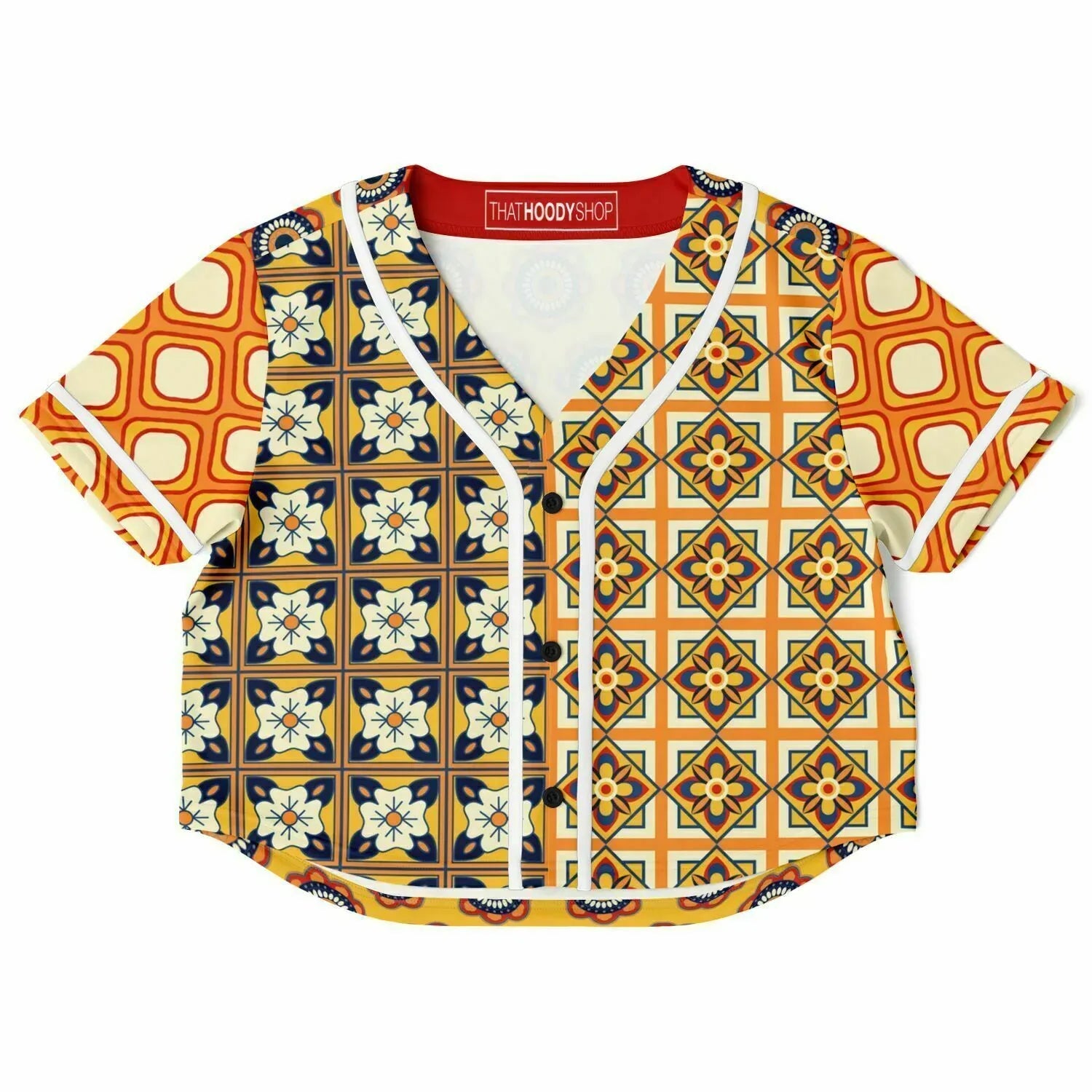 Gypsy Harvest Patchwork Eco-Poly Cropped Button Front Jersey