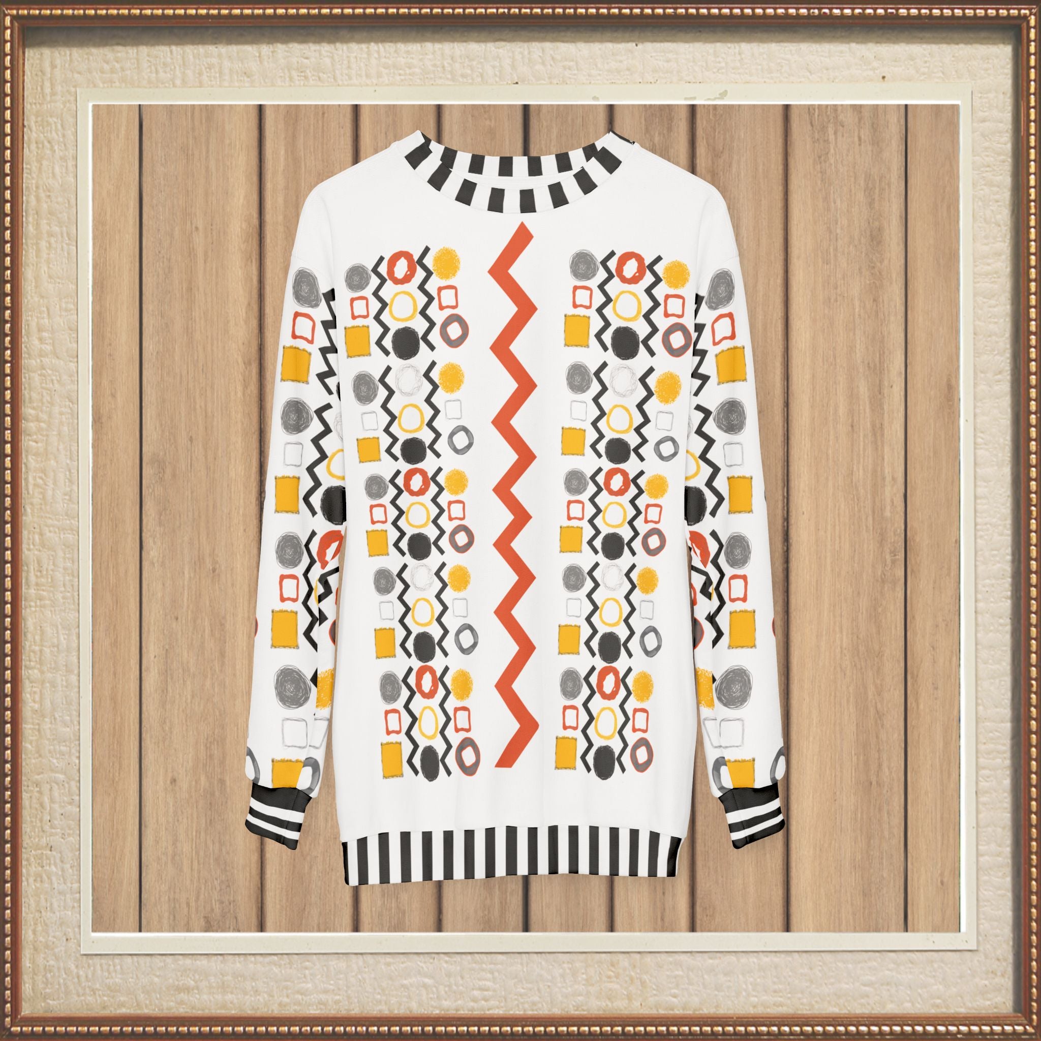 Black Stripe and Bright Geometric in White Unisex Sweatshirt (Gold Label)