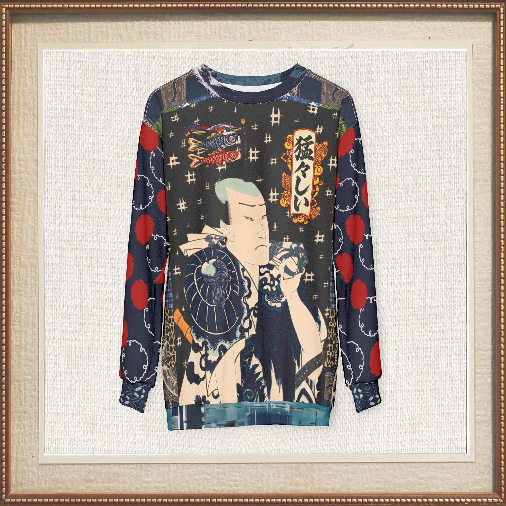 Indigo Edo Kabuki Black Warrior in Kanji - Be Fierce Unisex Sweatshirt (Gold Label)
