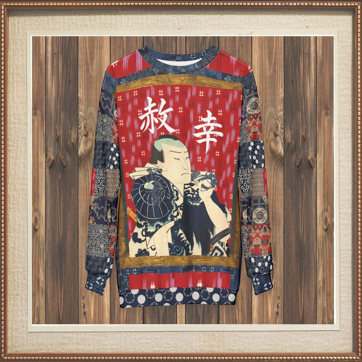 Indigo Edo Kabuki Red Warrior in Kanji Unisex Sweatshirt (Gold Label)