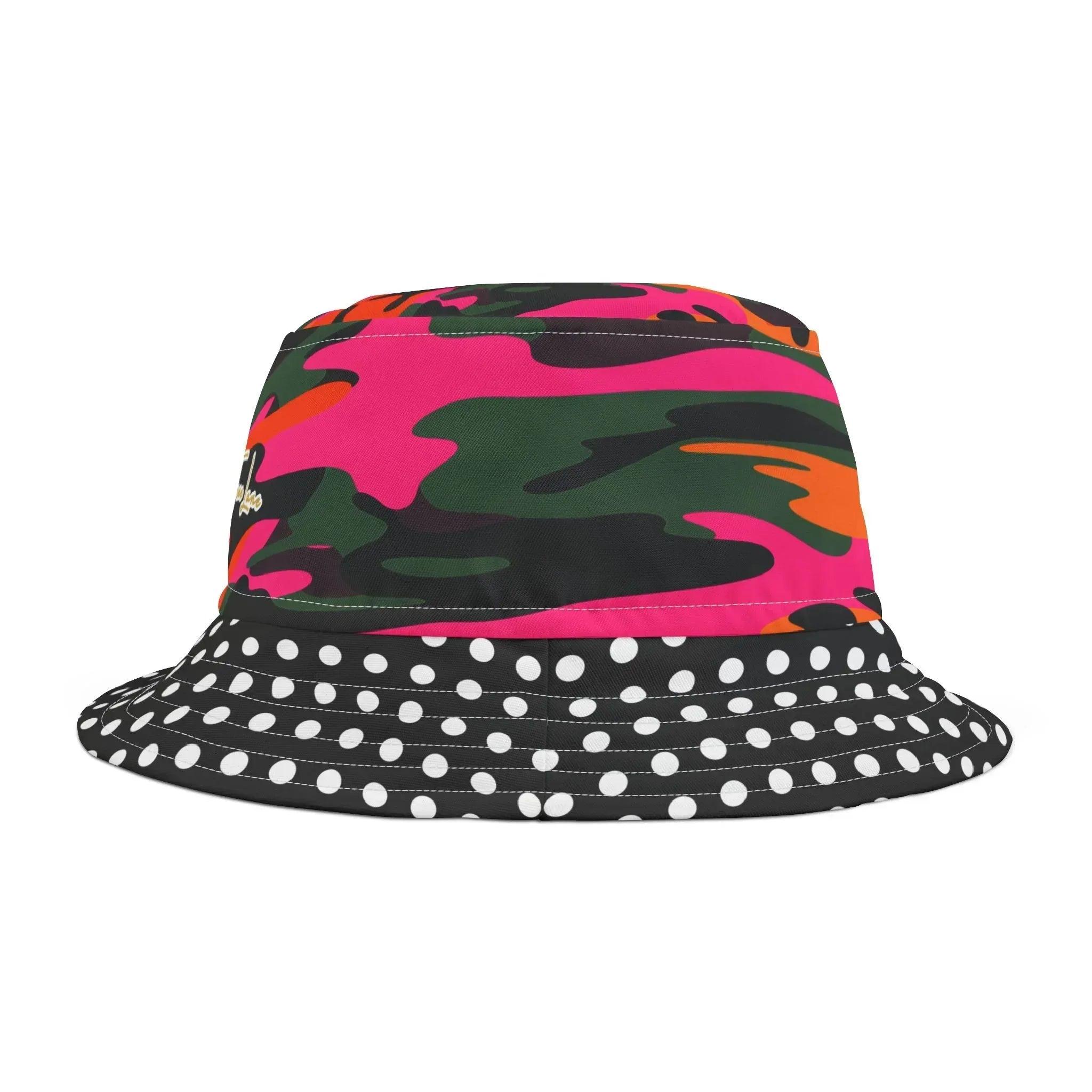 Bucket hat with pink and green camouflage pattern and black polka dot pattern on the outside brim, on a white background.