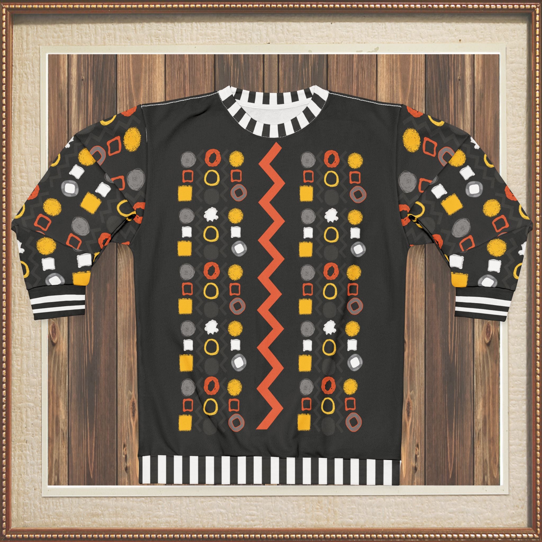 Black Stripe and Bright Geometric in Black Unisex Sweatshirt (Gold Label)