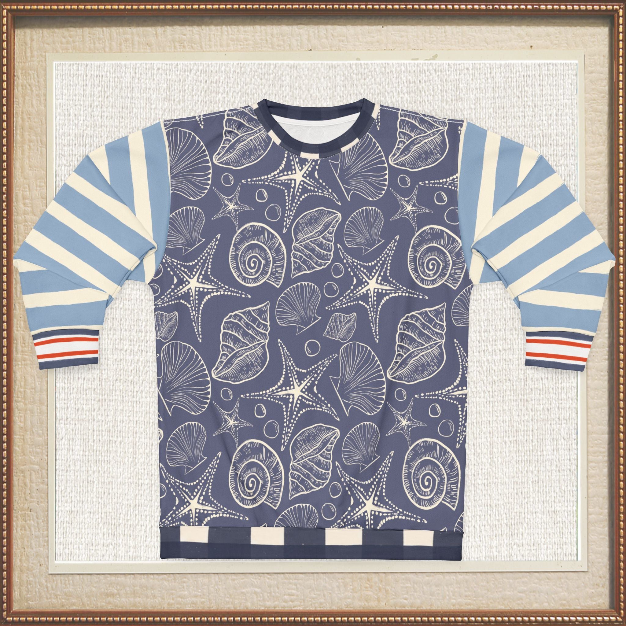 Sail Away Seashell Sketch Stripe Duo in Blue Unisex Sweatshirt (Gold Label)