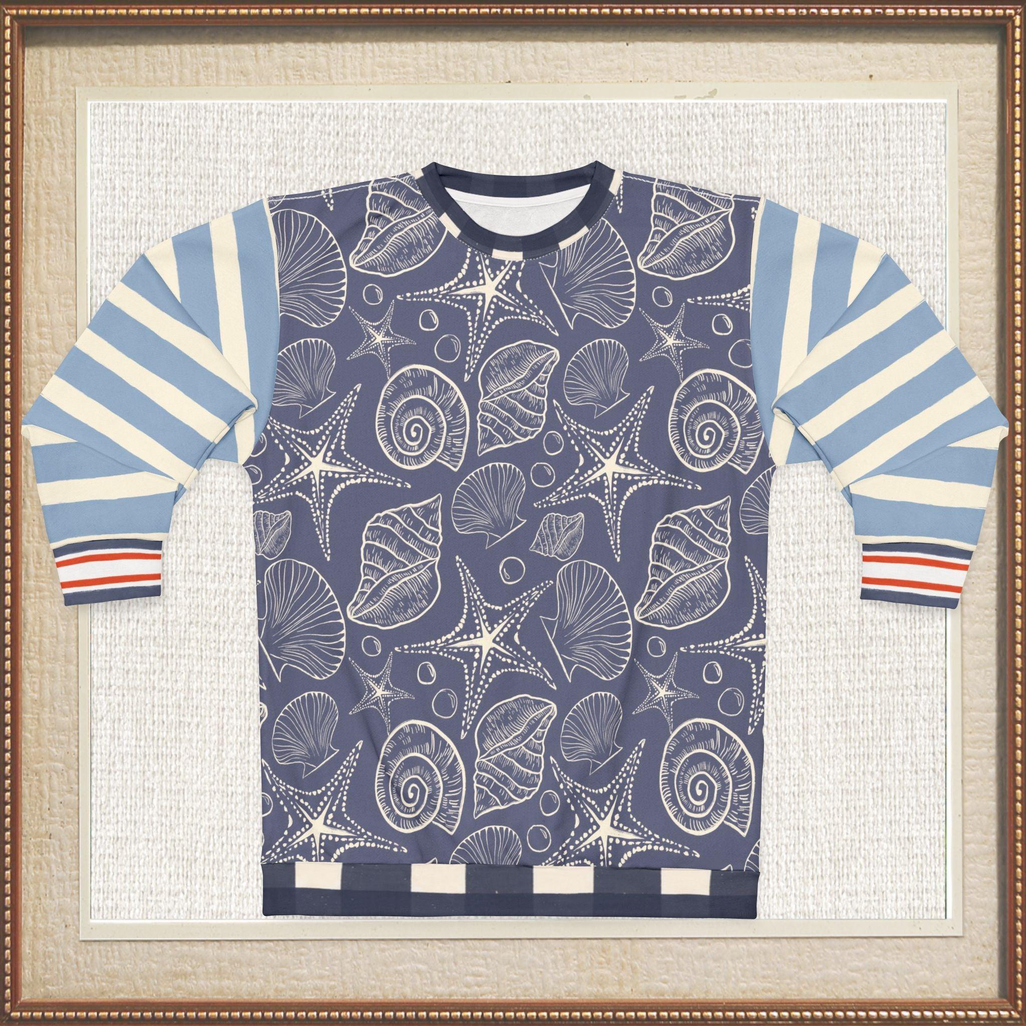 Sail Away Seashell Sketch Stripe Duo in Blue Unisex Sweatshirt (Gold Label)