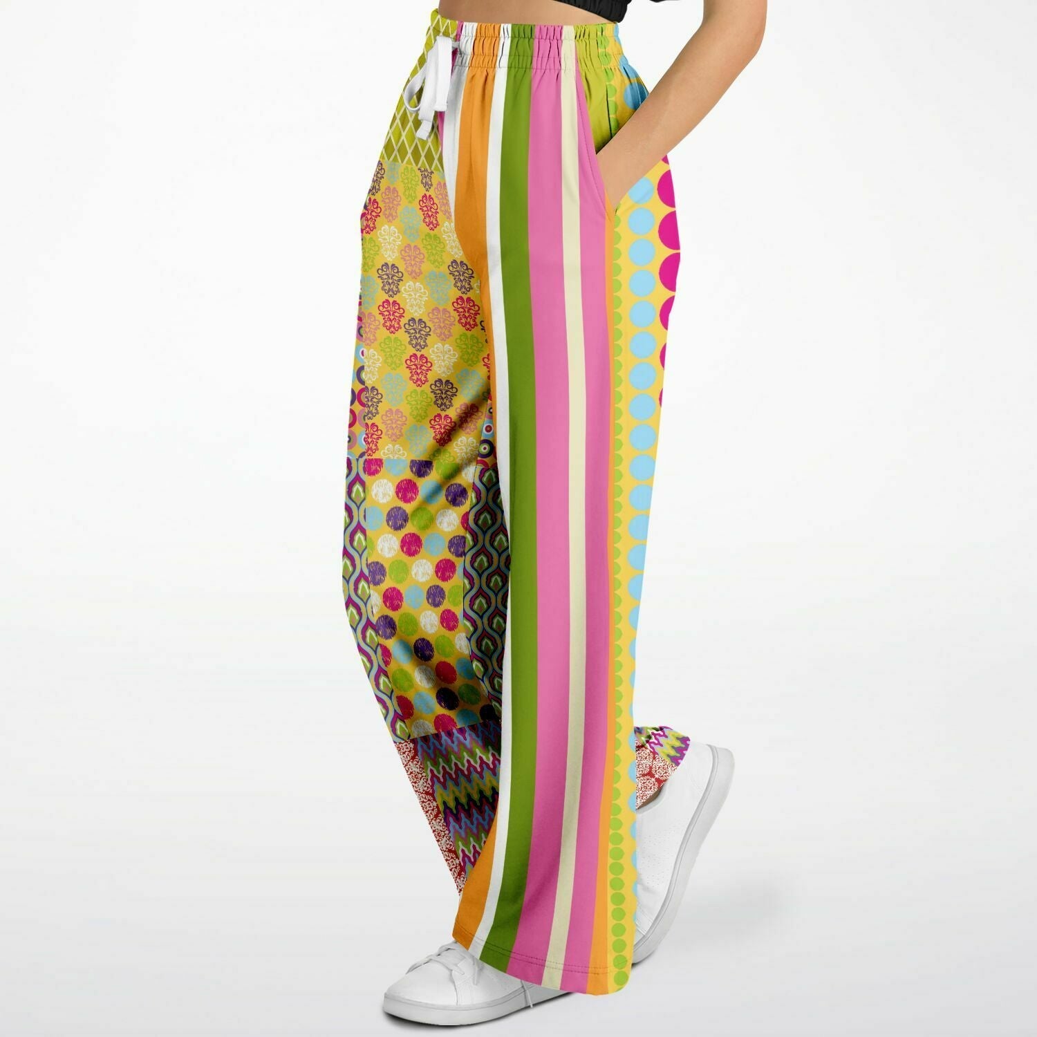 Hello Janis! Green Striped Patchwork Eco-Poly Wide Leg Pants