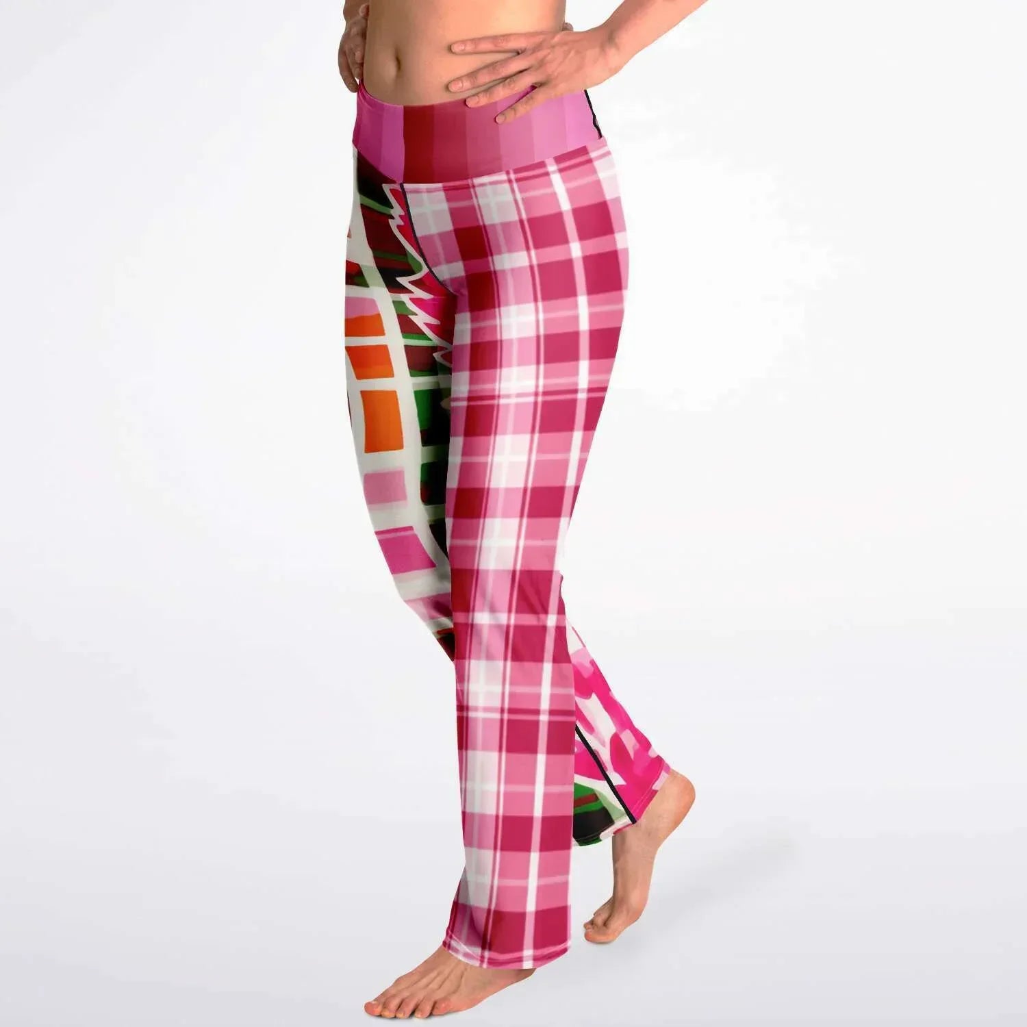 Cabbage Rose Pink Floral Plaid Flare Leggings