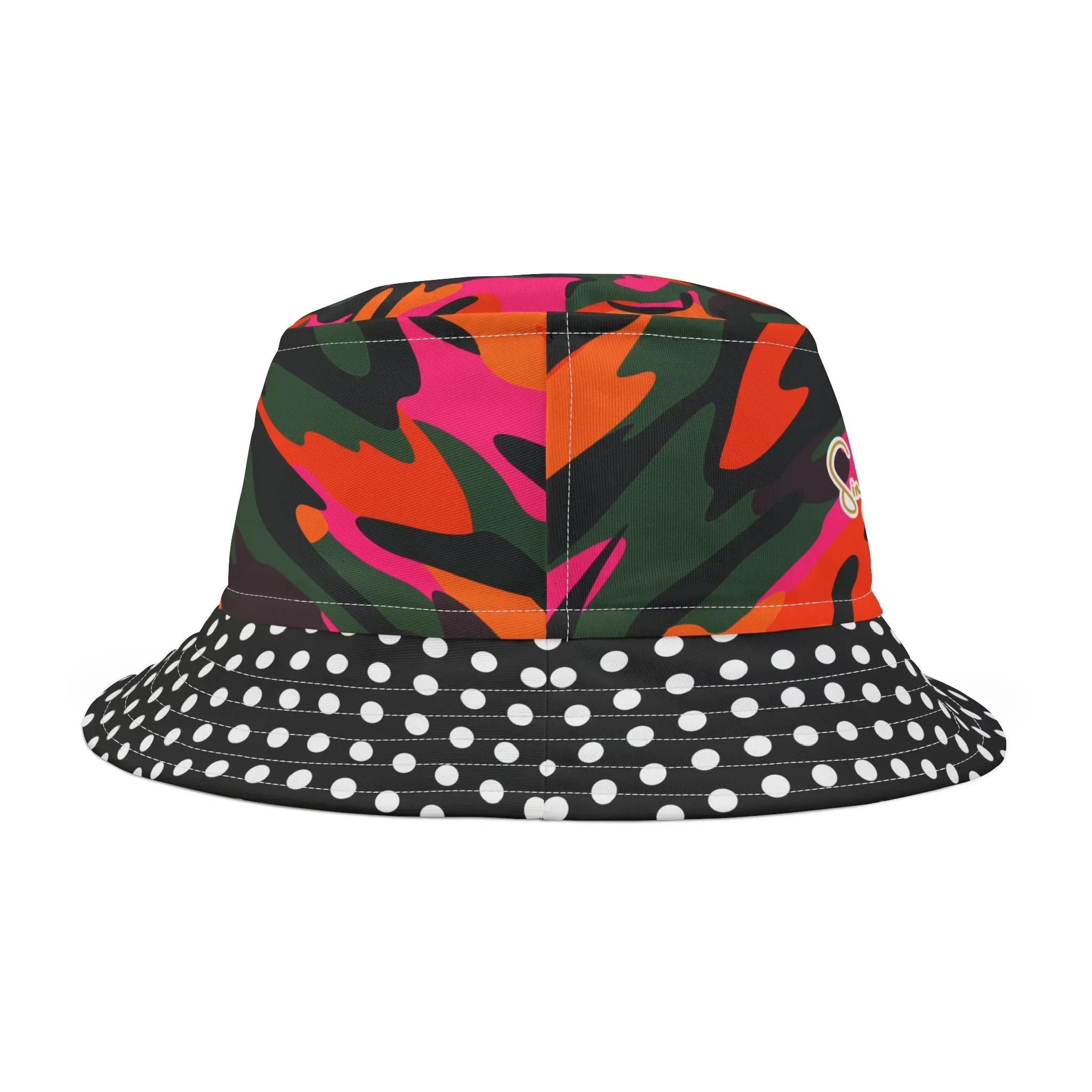 Back view of a colorful bucket hat with a bright camouflage design on top and polka dot pattern on the outside brim against a white background