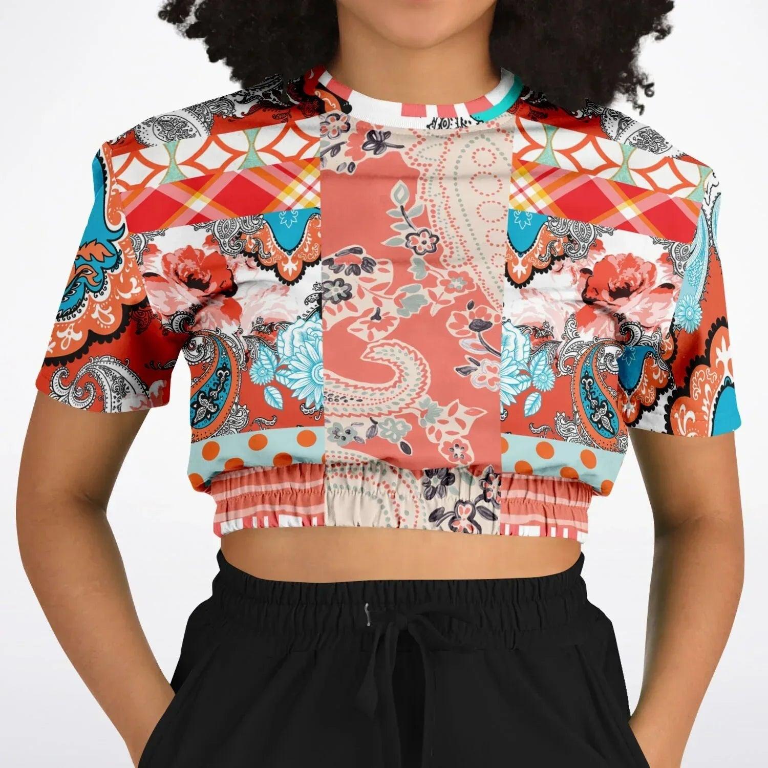 Coral Springs Hippie Patchwork Eco-Poly Short Sleeve Cropped Pullover