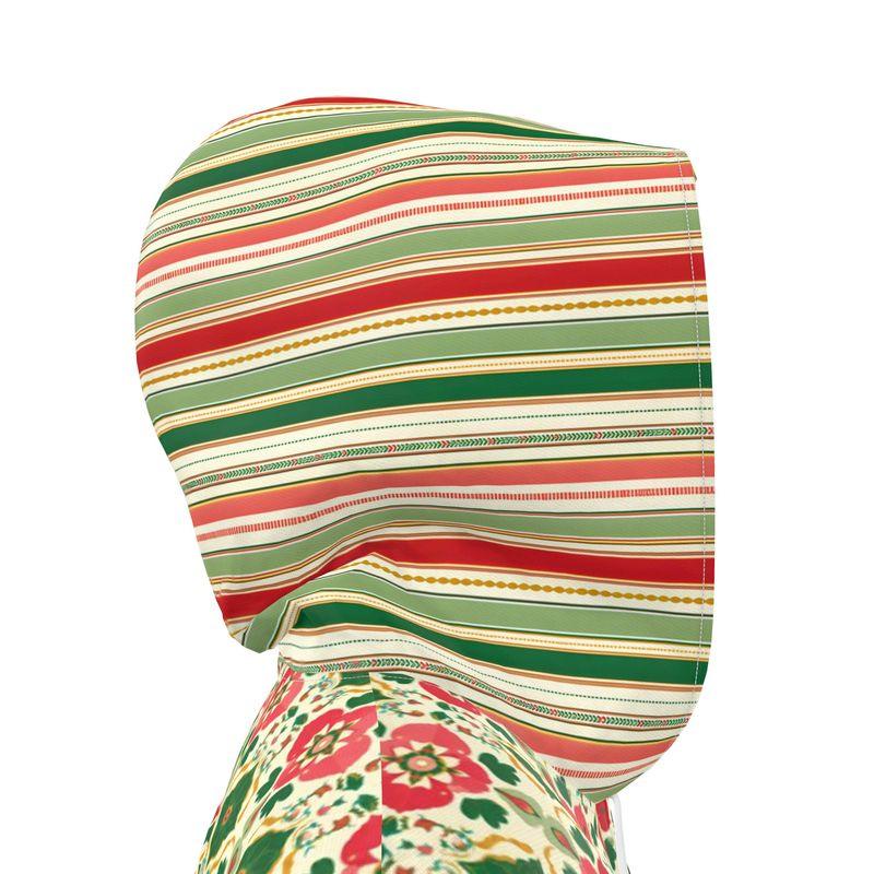 Maharani in Orange and Green Floral Stripe Womens Hooded Rain Jacket