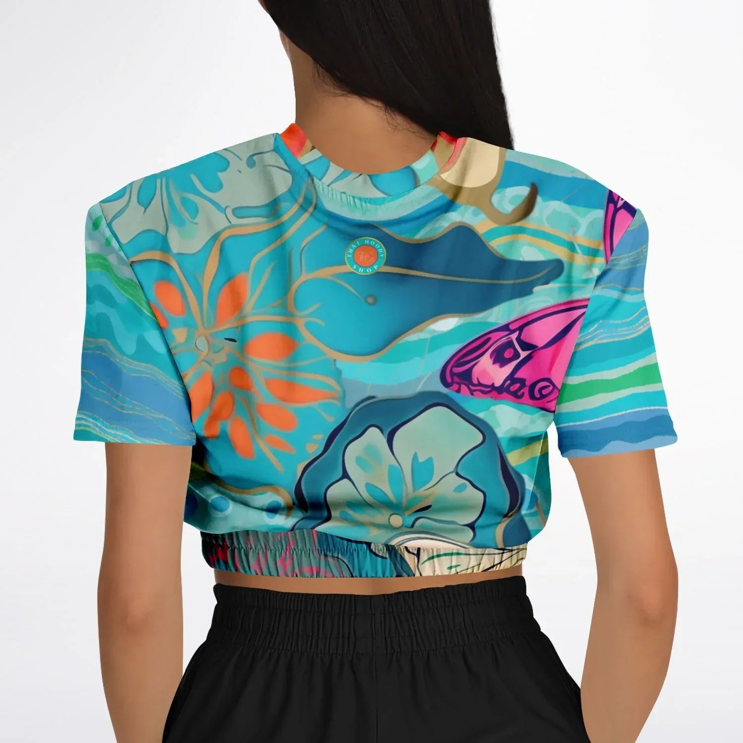 Bahamian Blue Waves Butterfly Eco-Poly Short Sleeve Cropped Pullover