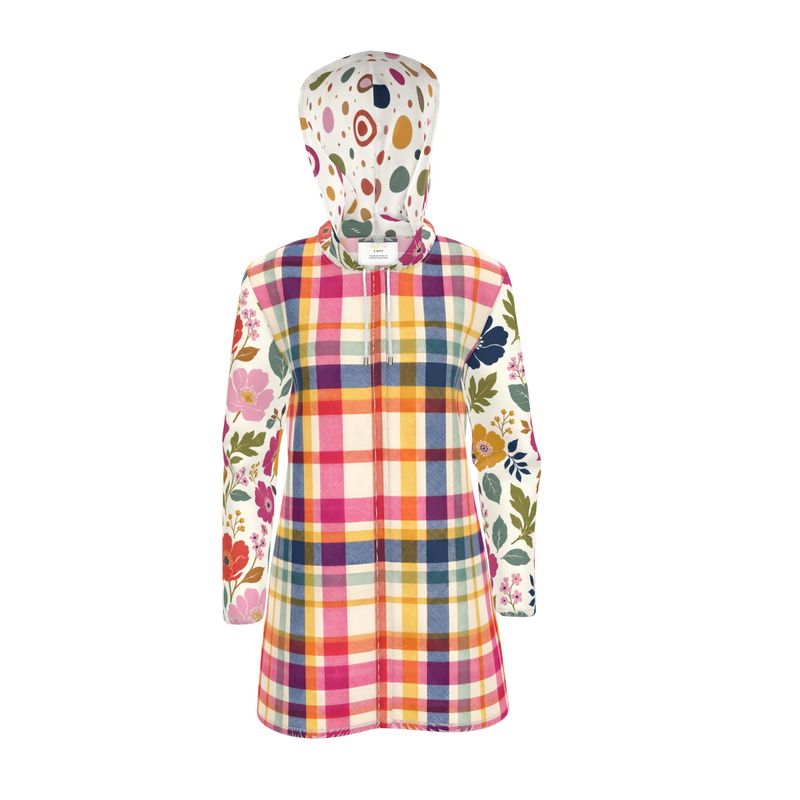 Bloom Baby Bloom in Plaid Floral Dots Womens Hooded Rain Jacket