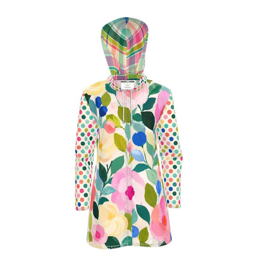 Paris in Full Bloom Floral and Dots Womens Hooded Rain Jacket