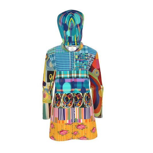Electric Kaleidoscope Daydream Patchwork Womens Hooded Rain Jacket