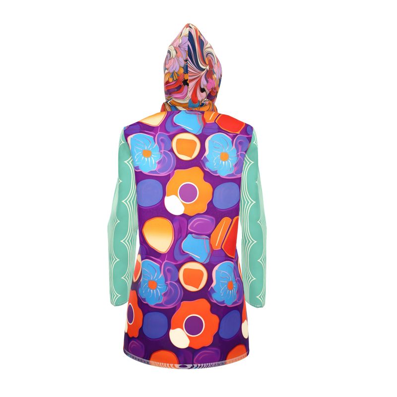 Groovy Bloom in Purple Aqua Womens Hooded Rain Jacket