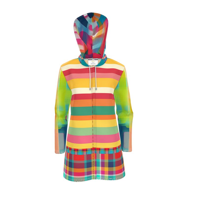 Rainbow Cabana Plaid and Rugby Stripe Womens Hooded Rain Jacket