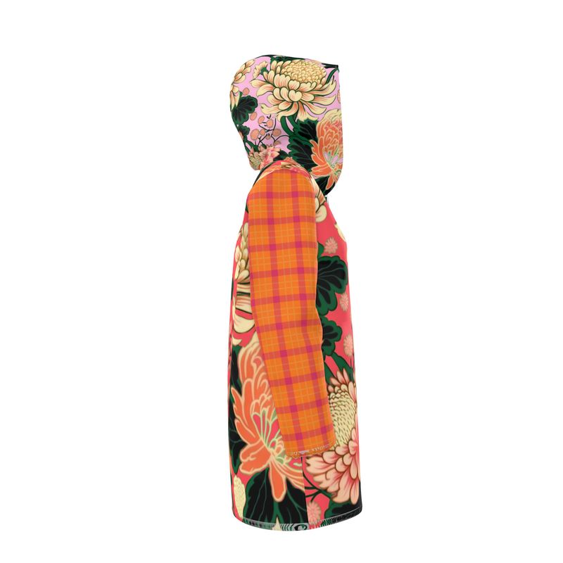Coral Chrysanthemum Plaid Womens Hooded Rain Jacket