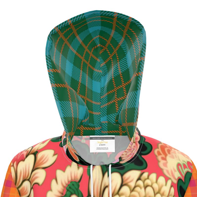 Coral Chrysanthemum Plaid Womens Hooded Rain Jacket