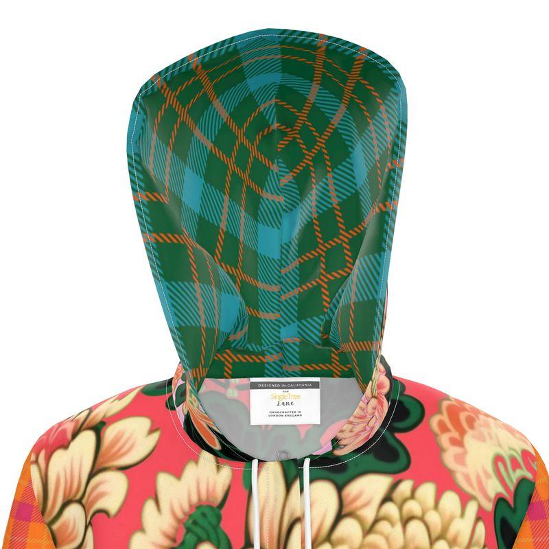 Coral Chrysanthemum Plaid Womens Hooded Rain Jacket