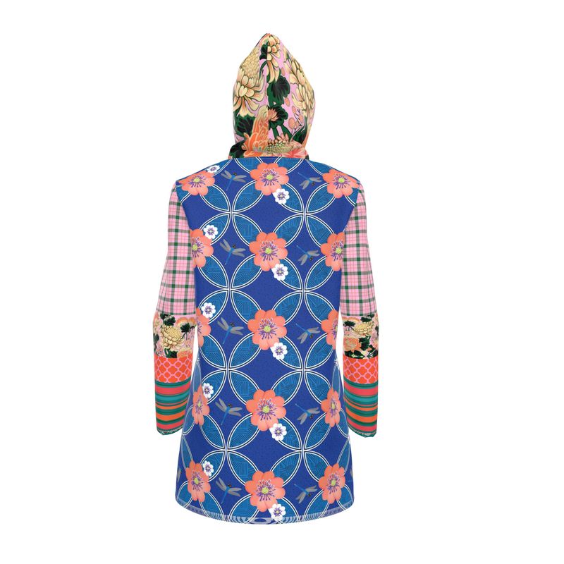 Blue Blossom Patchwork Womens Hooded Rain Jacket