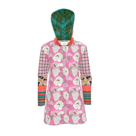 Pink Peony Floral Plaid Womens Hooded Rain Jacket