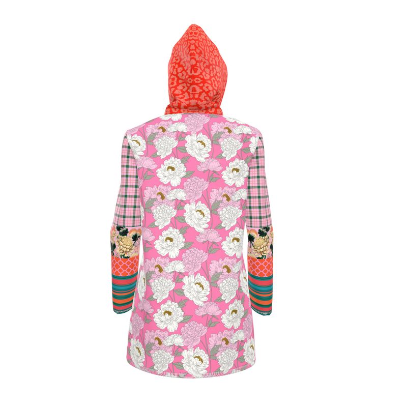 Pink Peony Floral Plaid Womens Hooded Rain Jacket