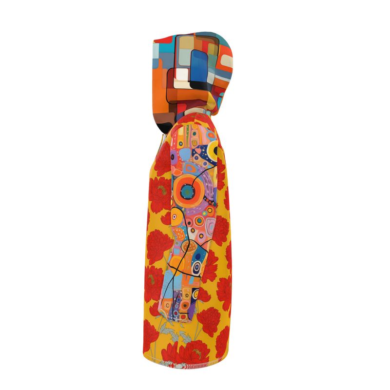 Red & Golden Poppy Graffiti Patchwork Womens Hooded Rain Jacket