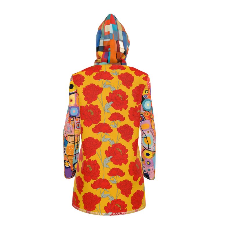Red & Golden Poppy Graffiti Patchwork Womens Hooded Rain Jacket