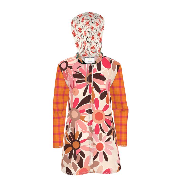 Pink Mod Daisy Floral Plaid Womens Hooded Rain Jacket