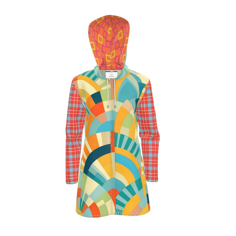 Sunburst Arches Geo Plaid Womens Hooded Rain Jacket