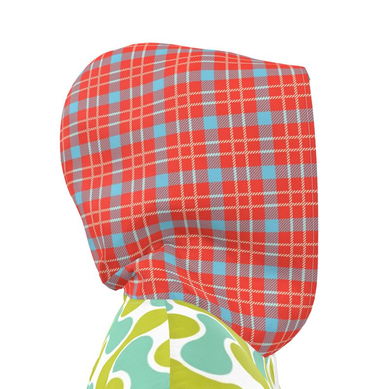Aqua Clover Sunburst Plaid Womens Hooded Rain Jacket