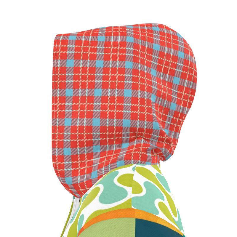 Aqua Clover Sunburst Plaid Womens Hooded Rain Jacket
