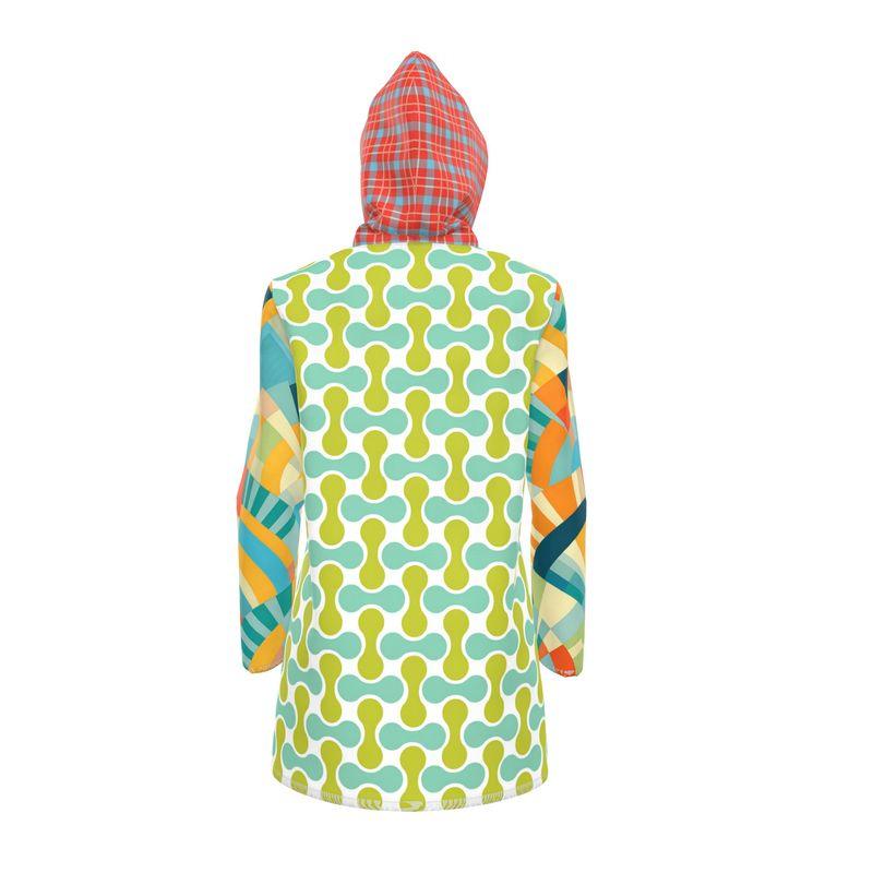 Aqua Clover Sunburst Plaid Womens Hooded Rain Jacket