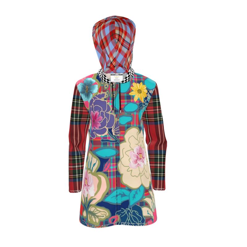 Mixed Bloom Floral Plaid Checkerboard Womens Hooded Rain Jacket