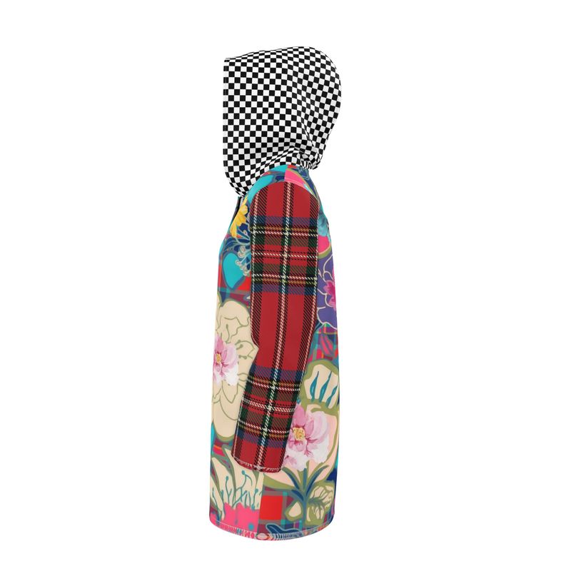 Mixed Bloom Floral Plaid Checkerboard Womens Hooded Rain Jacket