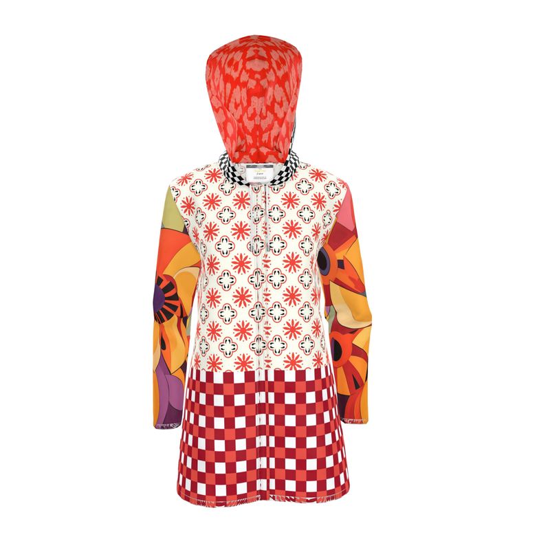 Red Gingham Flower Market Womens Hooded Rain Jacket