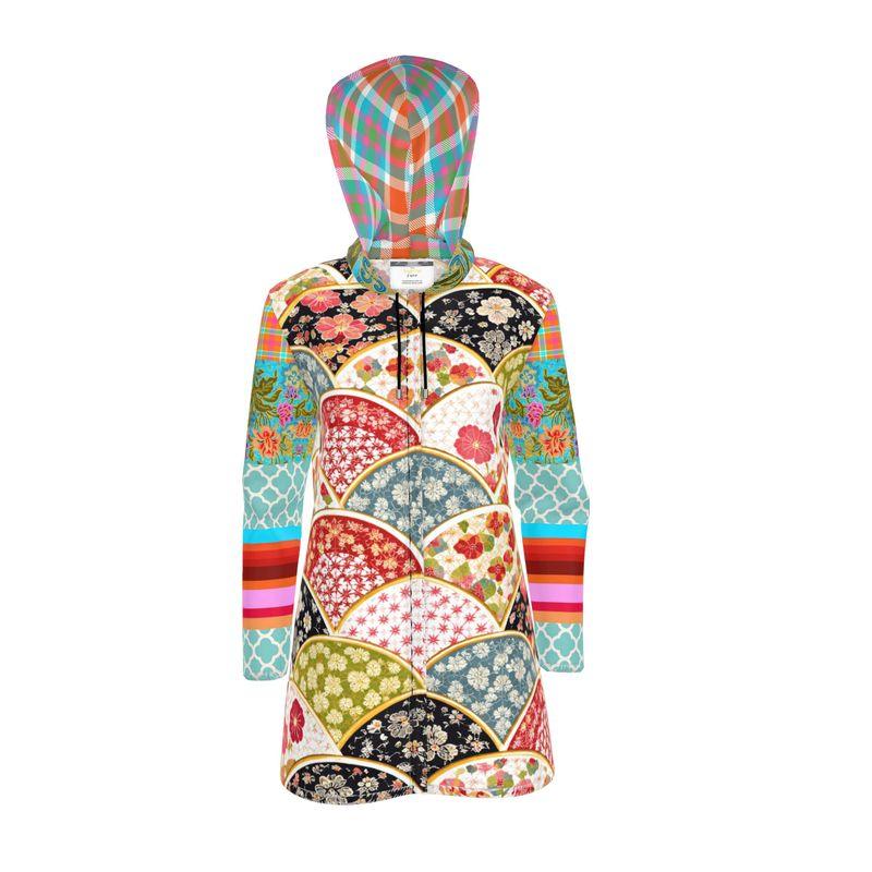 Asian Floral Fan Patchwork Womens Hooded Rain Jacket