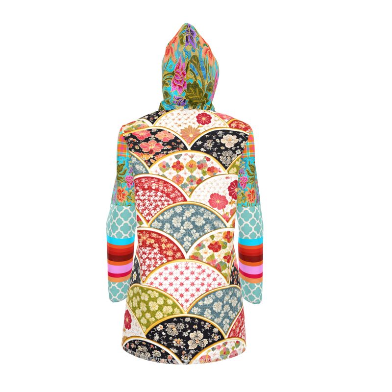 Asian Floral Fan Patchwork Womens Hooded Rain Jacket