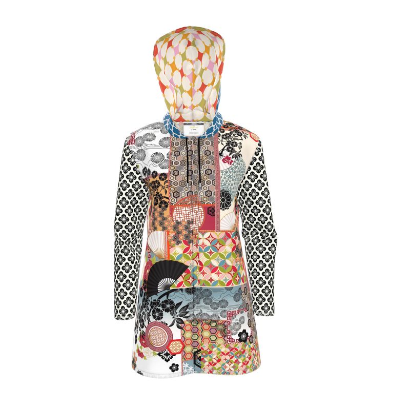 Asian Floral Mosaic Patchwork Womens Hooded Rain Jacket