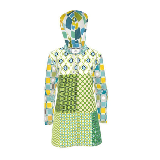 Lime Aqua Mod Mosaic Womens Hooded Rain Jacket