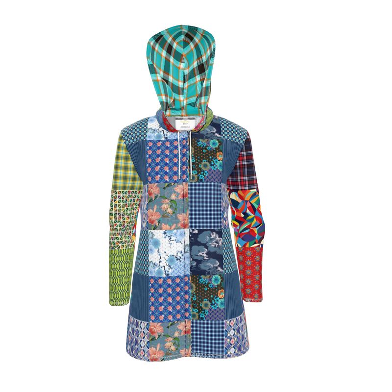 Blue Indigo Gingham Plaid Patchwork Womens Hooded Rain Jacket