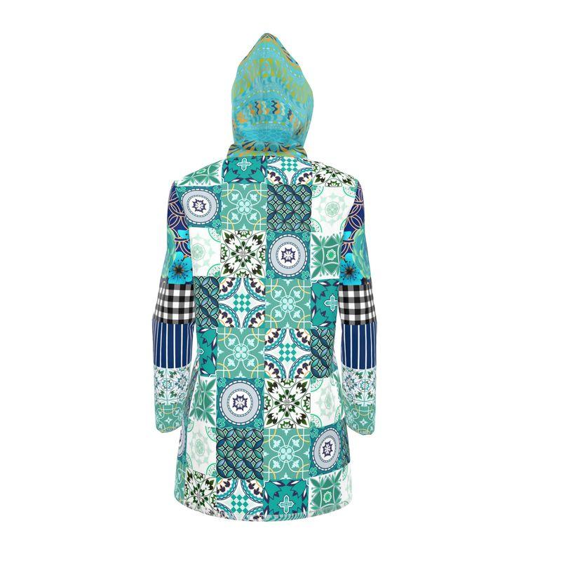 Aqua Mediterranean Mosaic Tile Womens Hooded Rain Jacket