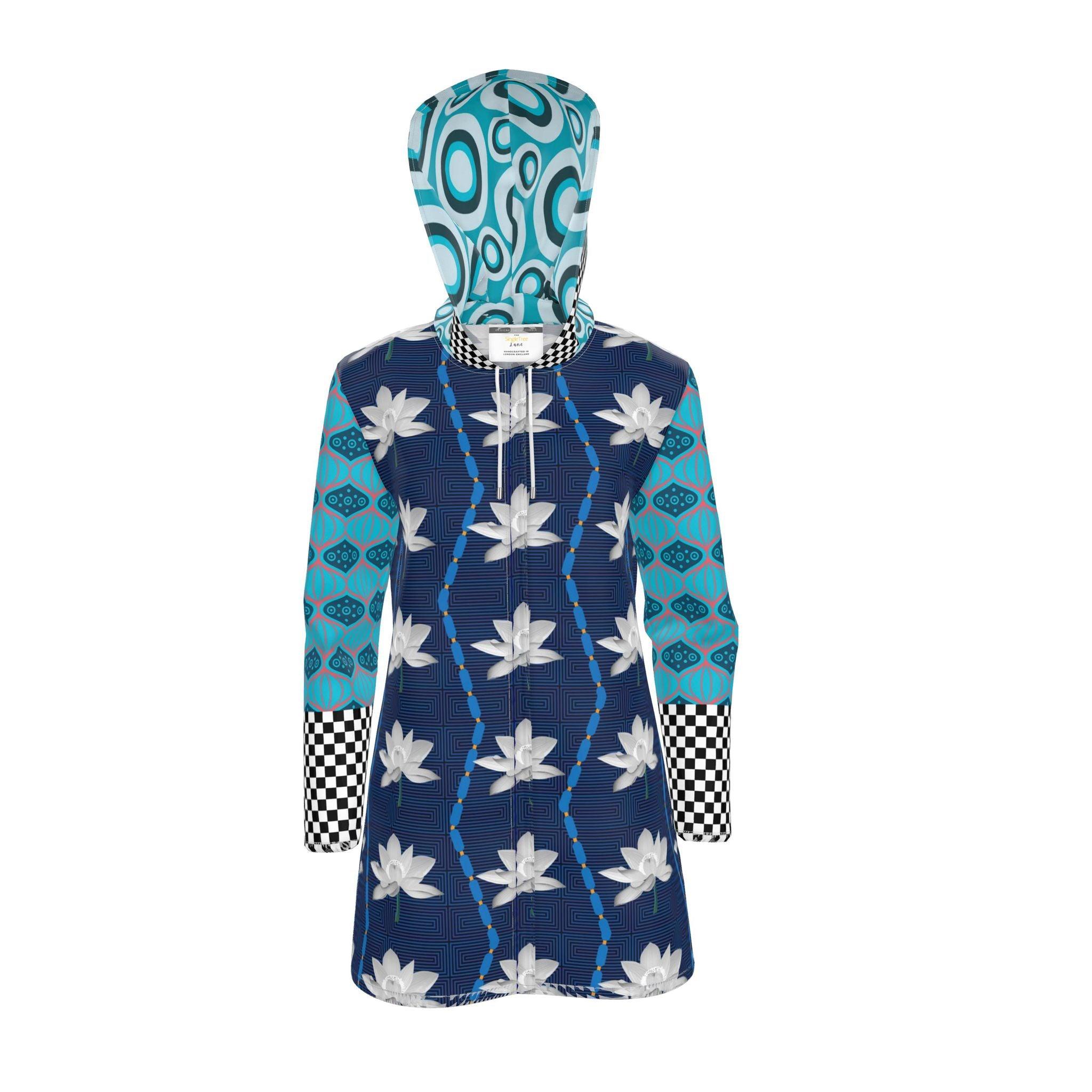 Aqua Blue Lotus Geo Check Womens Hooded Rain Jacket
