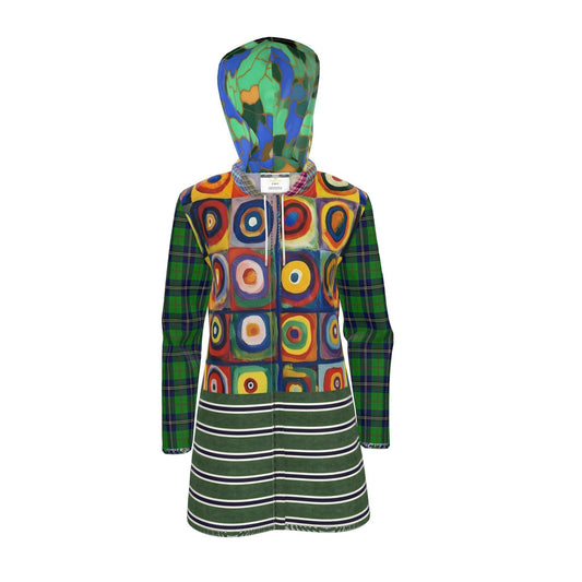 Green Retro Orbit Plaid Stripe Womens Hooded Rain Jacket