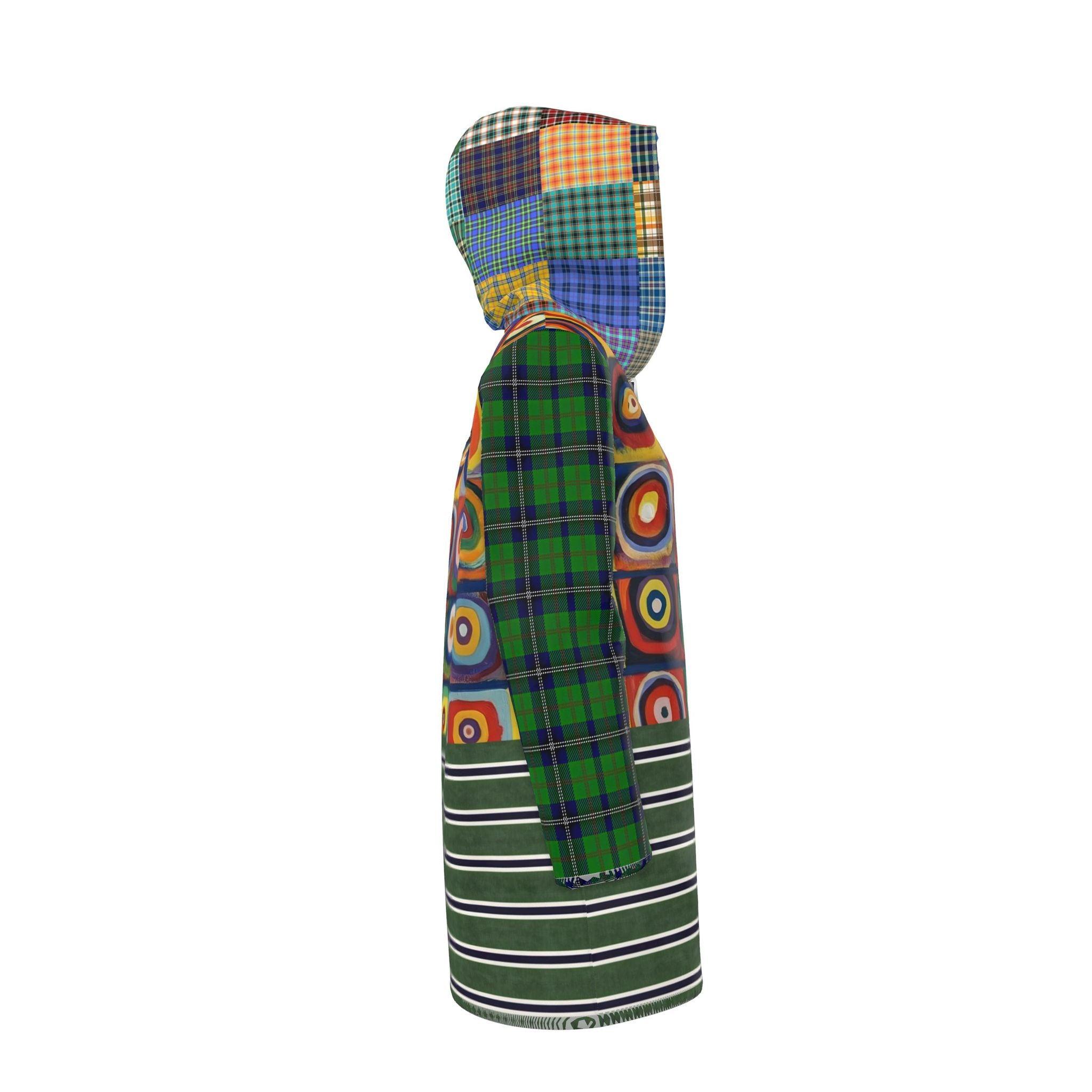 Green Retro Orbit Plaid Stripe Womens Hooded Rain Jacket