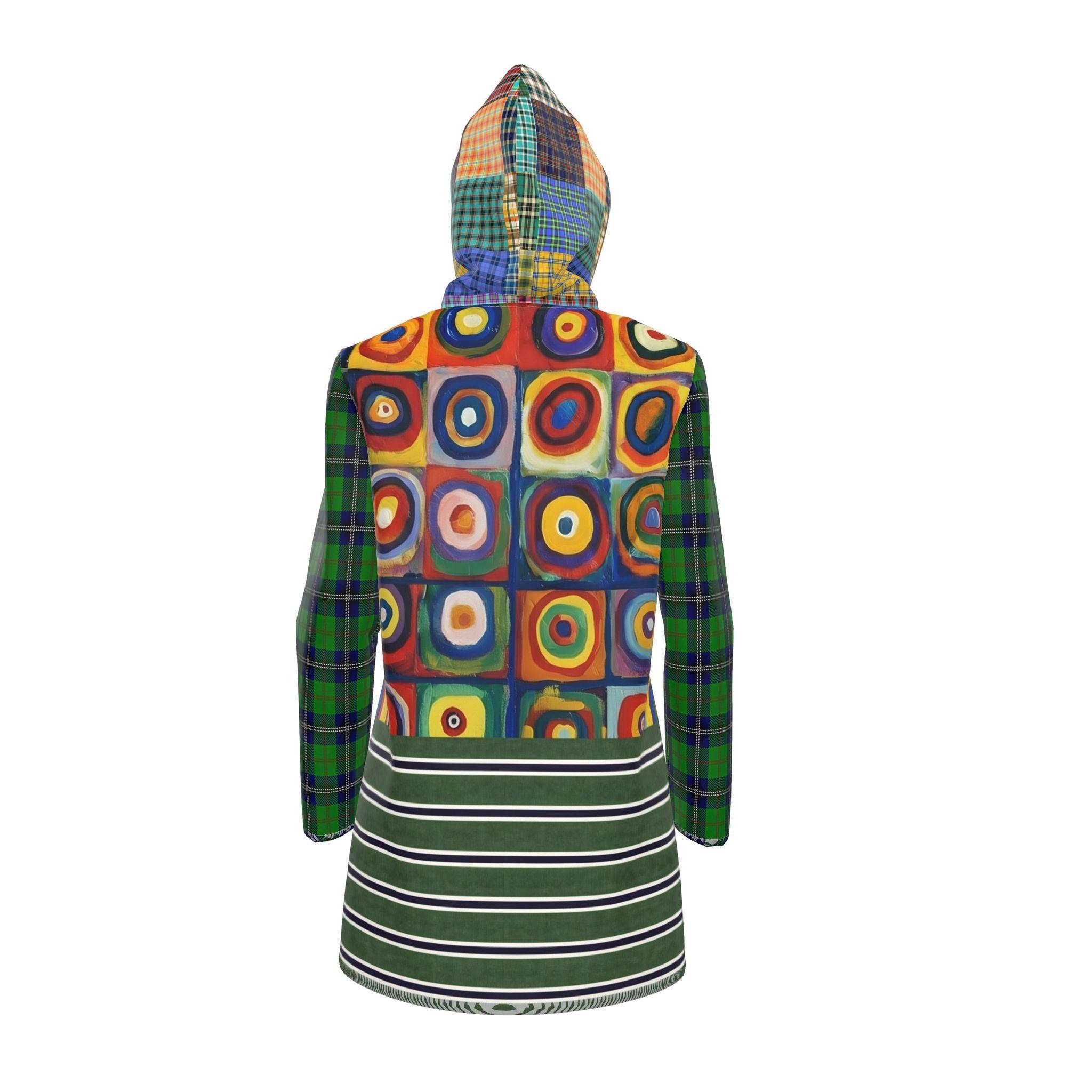 Green Retro Orbit Plaid Stripe Womens Hooded Rain Jacket