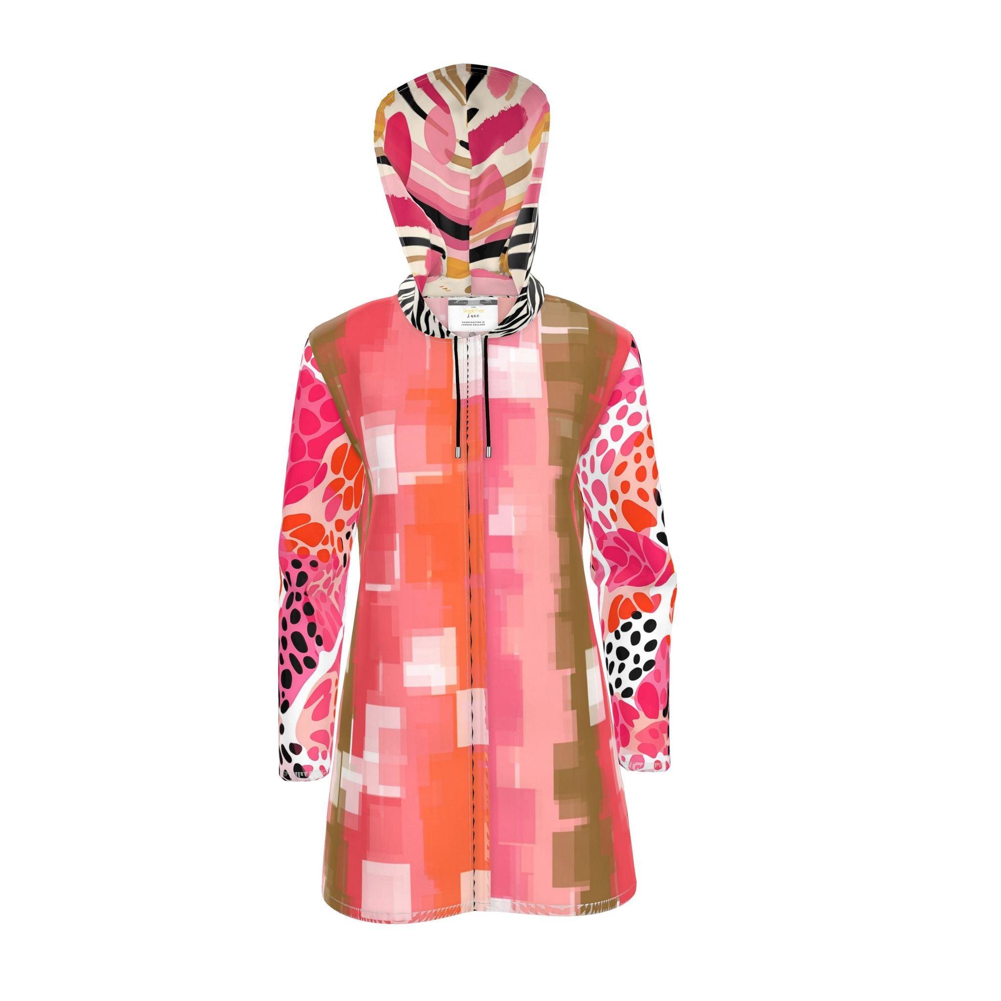 Pink Pixel Zebra Safari Womens Hooded Rain Jacket
