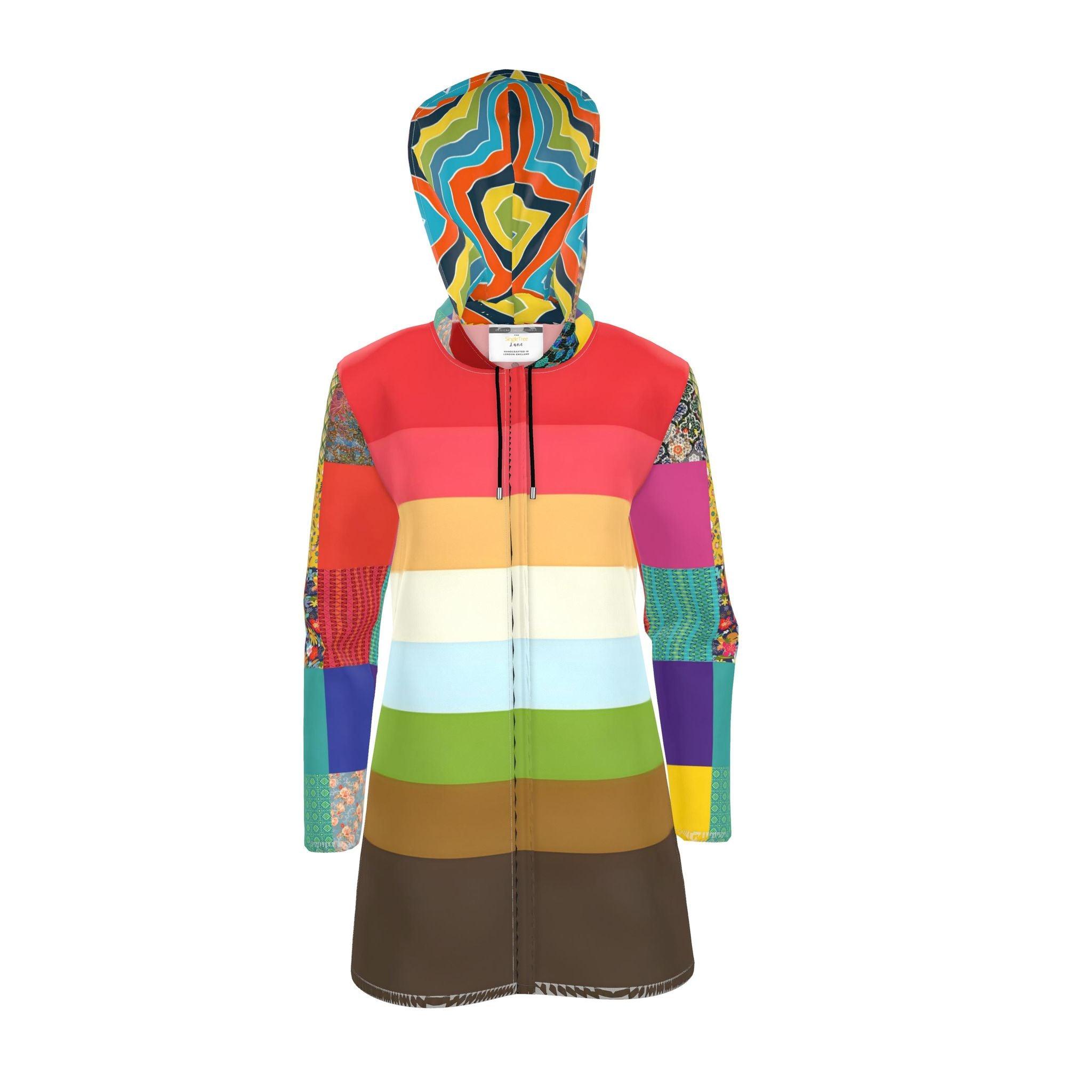 Retro Sunset Rugby Stripe Womens Hooded Rain Jacket