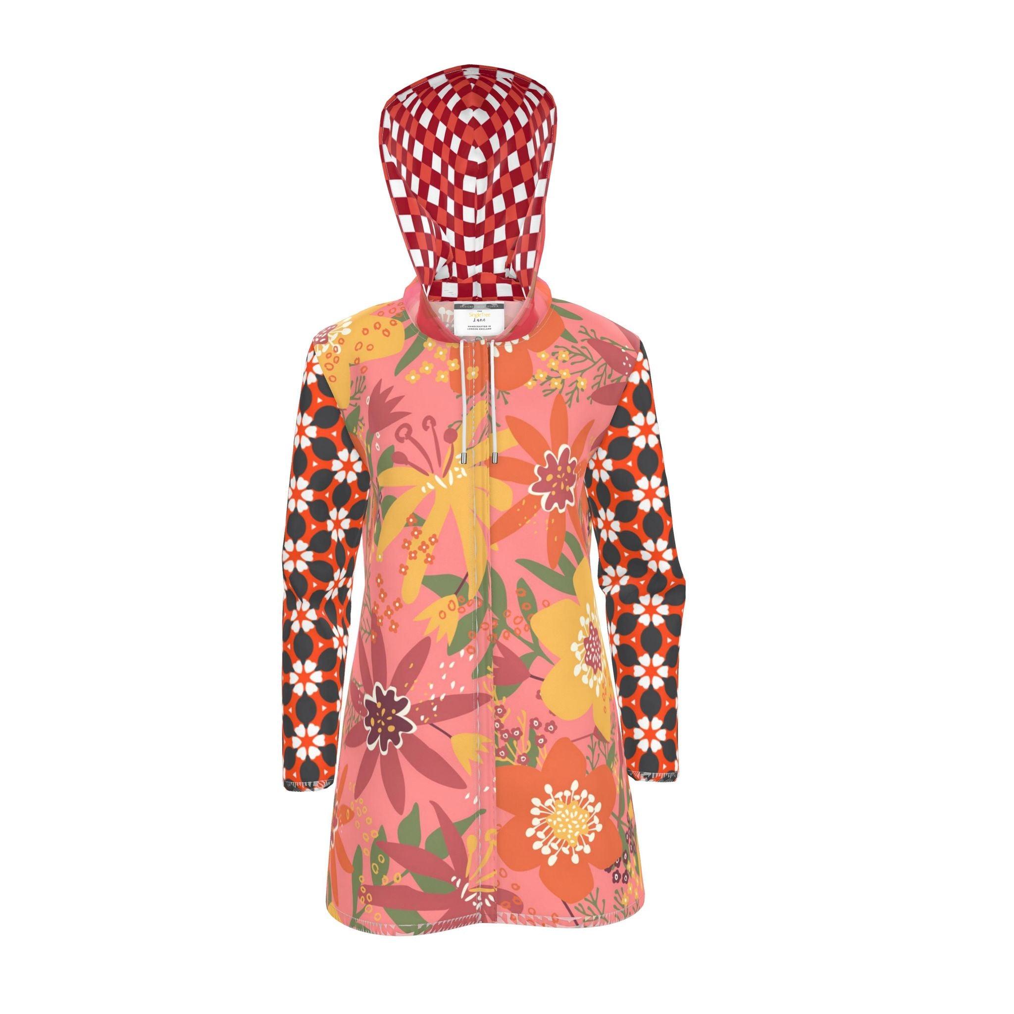 Coral Daisy Lemonade Gingham Womens Hooded Rain Jacket