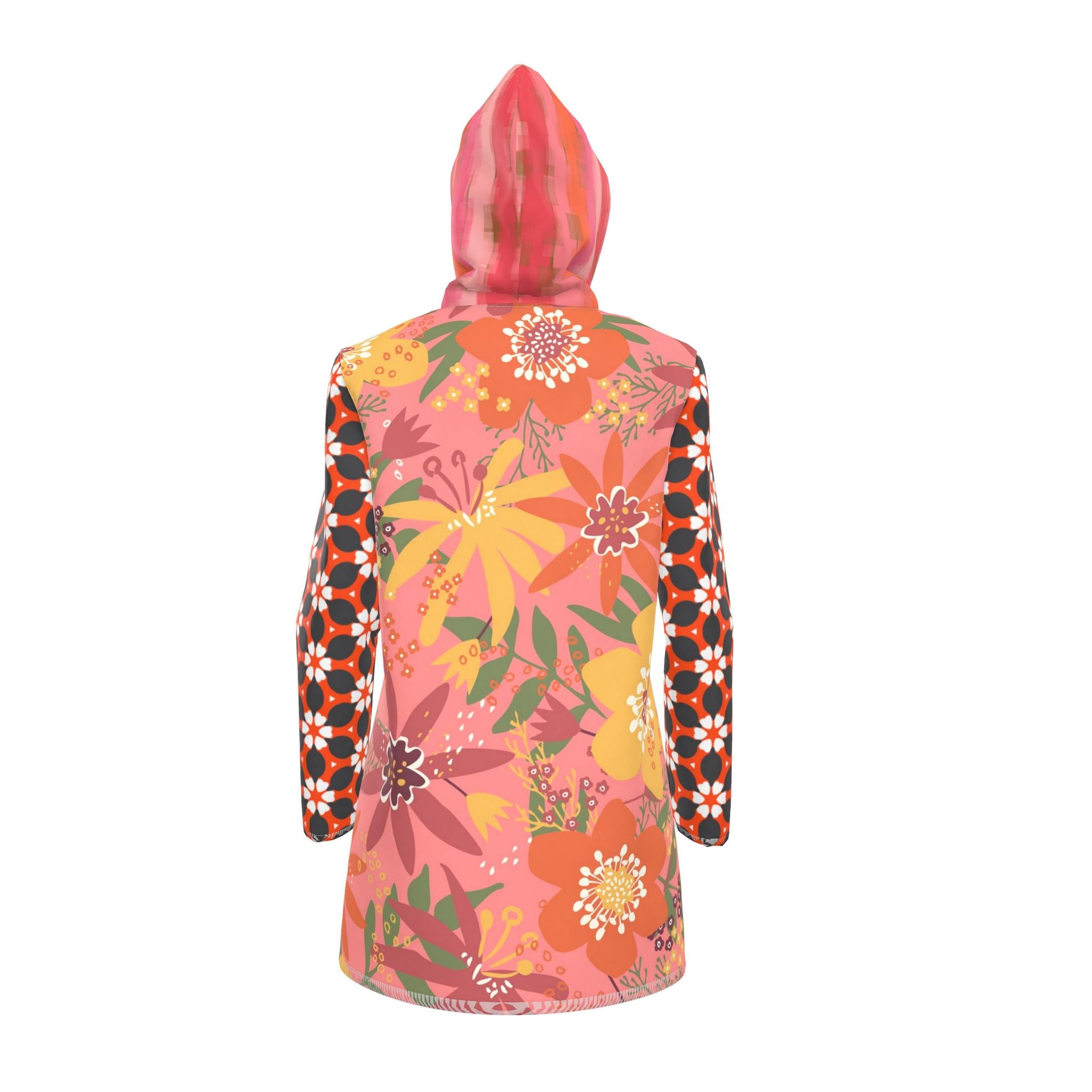 Coral Daisy Lemonade Gingham Womens Hooded Rain Jacket